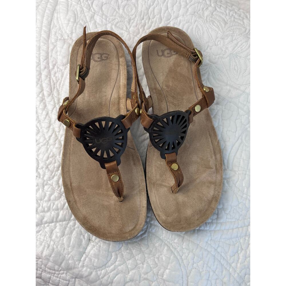 Ugg Women's Tan Leather Strap Flat Vacation Summer Sandals - Size 7 - Picture 5 of 10